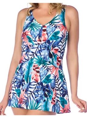 Azul Tropical Print One-Piece Swim Dress - Blue/Teal/Pink